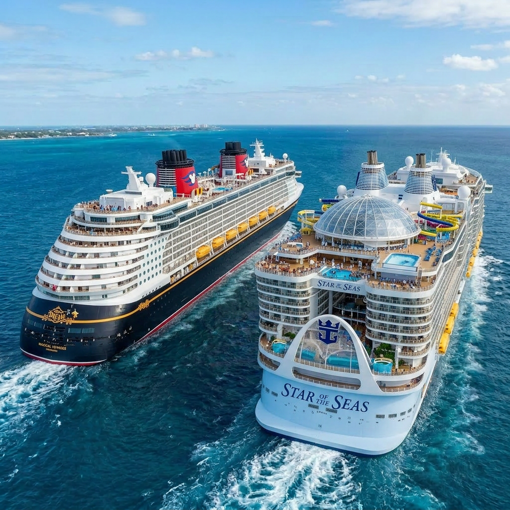 Two large cruise ships sailing close to each other on the ocean, with Symphony of the Seas visible